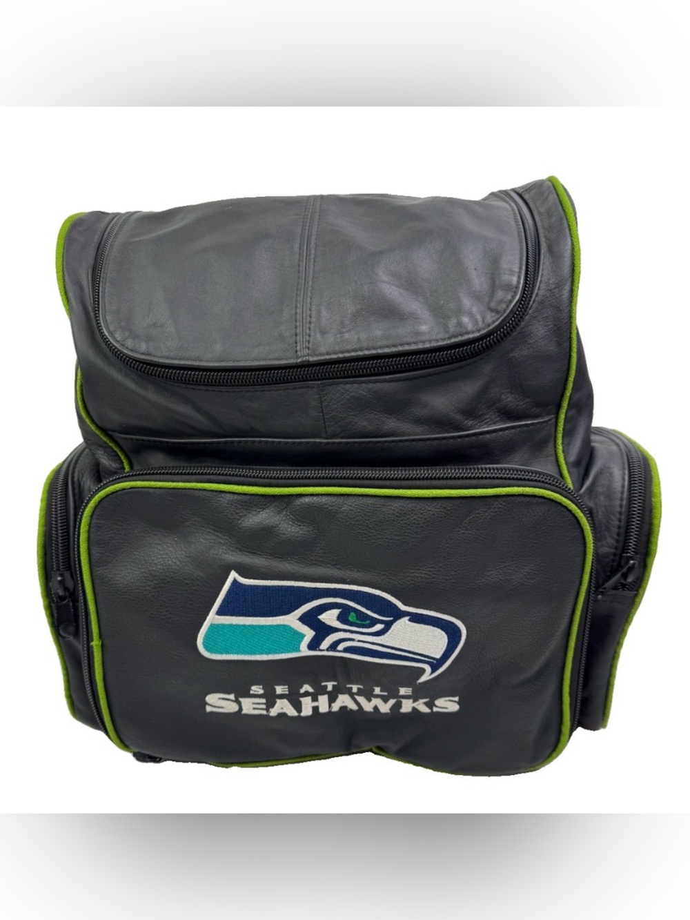Seattle Seahawks Genuine Leather Backpack VTG Style Black Action Green NFL